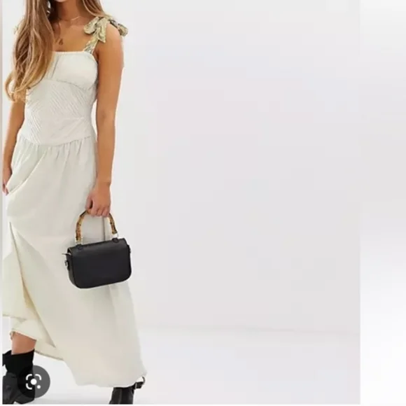 Free People Santorini Midi Dress Pleats Linen Contrast Tie Straps Siz 4 Ecru NWT - Picture 10 of 16